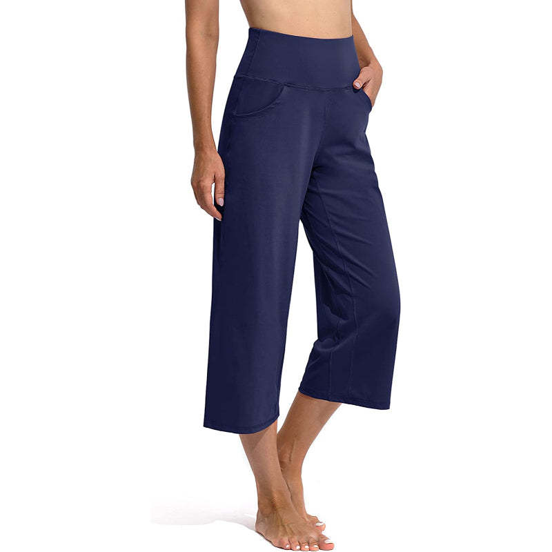 Women Wide Leg Yoga Capri High Waist Stretch Workout Sweatpants With Pockets Casual Straight Leg Pants-Legletic