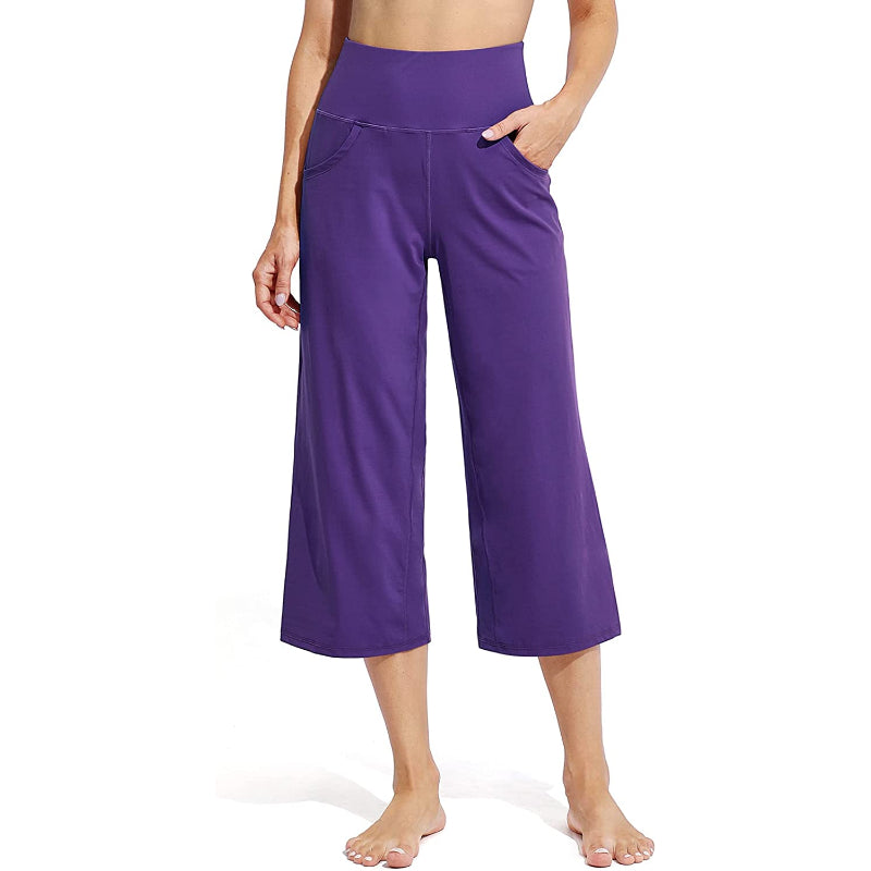 Women Wide Leg Yoga Capri High Waist Stretch Workout Sweatpants With Pockets Casual Straight Leg Pants-Legletic