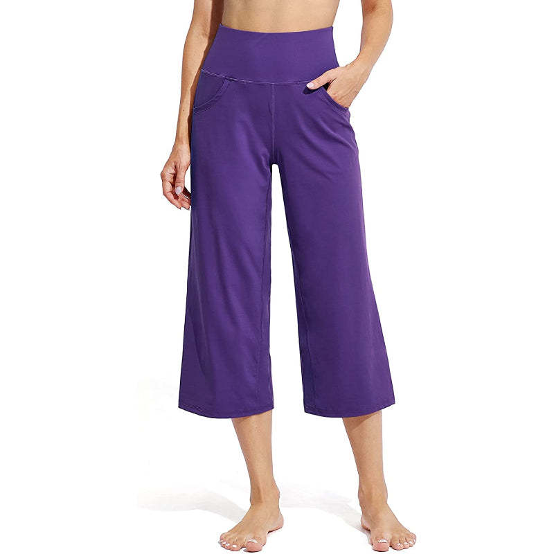 Women Wide Leg Yoga Capri High Waist Stretch Workout Sweatpants With Pockets Casual Straight Leg Pants-Legletic