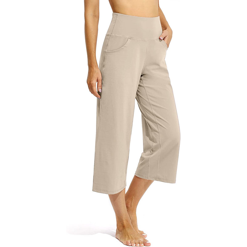 Women Wide Leg Yoga Capri High Waist Stretch Workout Sweatpants With Pockets Casual Straight Leg Pants-Legletic