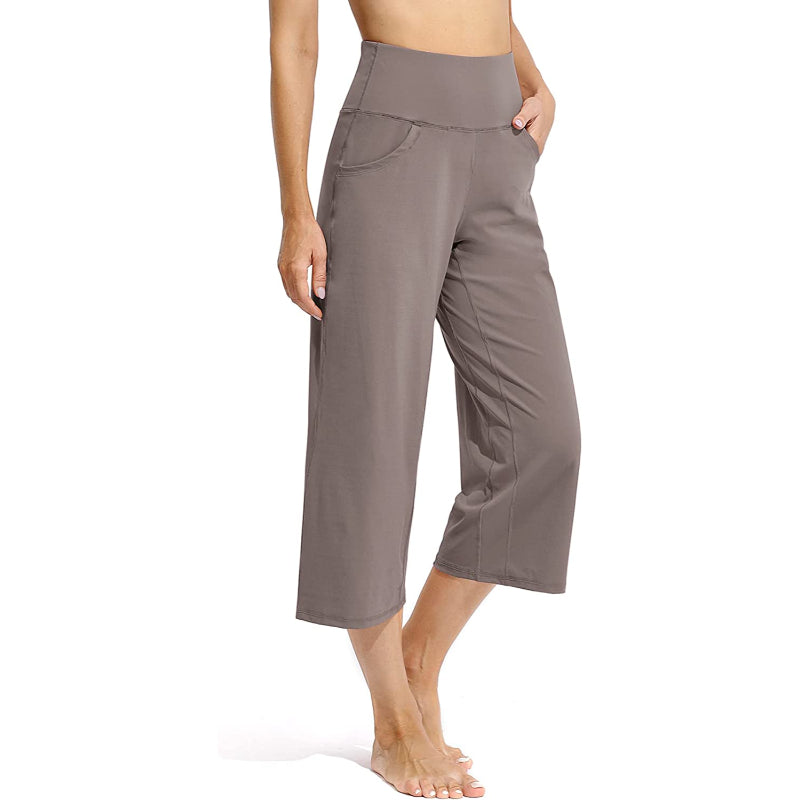 Women Wide Leg Yoga Capri High Waist Stretch Workout Sweatpants With Pockets Casual Straight Leg Pants-Legletic