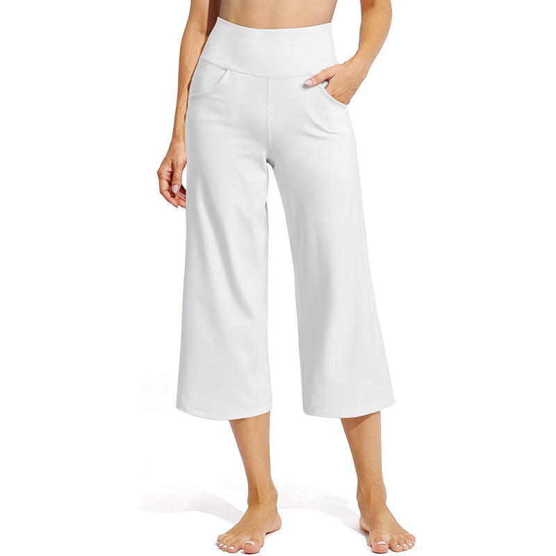 Women Wide Leg Yoga Capri High Waist Stretch Workout Sweatpants With Pockets Casual Straight Leg Pants-Legletic