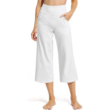 Women Wide Leg Yoga Capri High Waist Stretch Workout Sweatpants With Pockets Casual Straight Leg Pants-Legletic