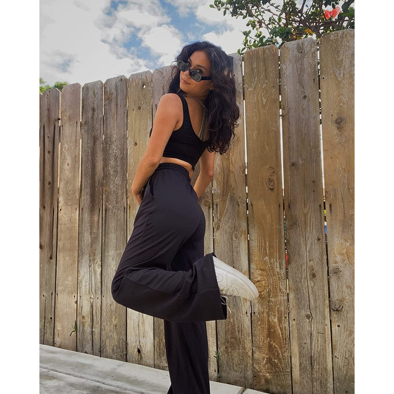 Women Wide Leg Yoga Capri High Waist Stretch Workout Sweatpants With Drawstrings Leg Pants-Legletic