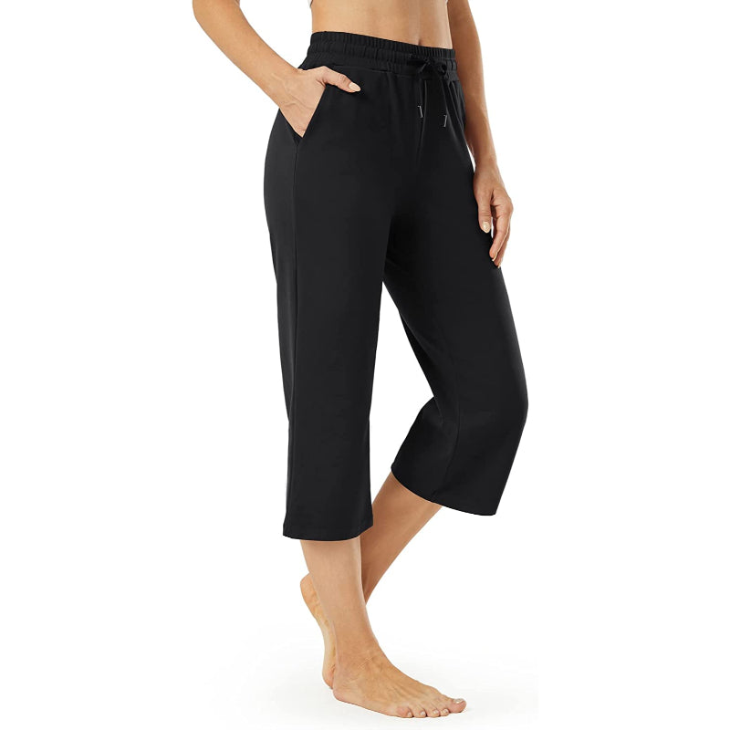 Women Wide Leg Yoga Capri High Waist Stretch Workout Sweatpants With Drawstrings Leg Pants-Legletic