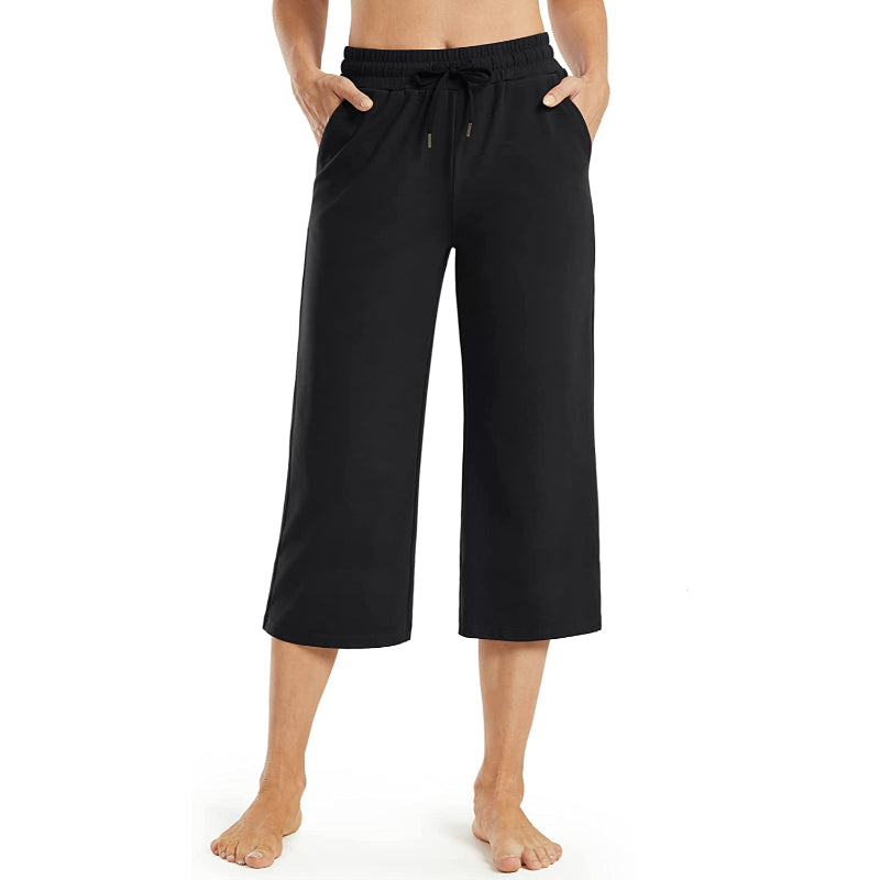 Women Wide Leg Yoga Capri High Waist Stretch Workout Sweatpants With Drawstrings Leg Pants-Legletic