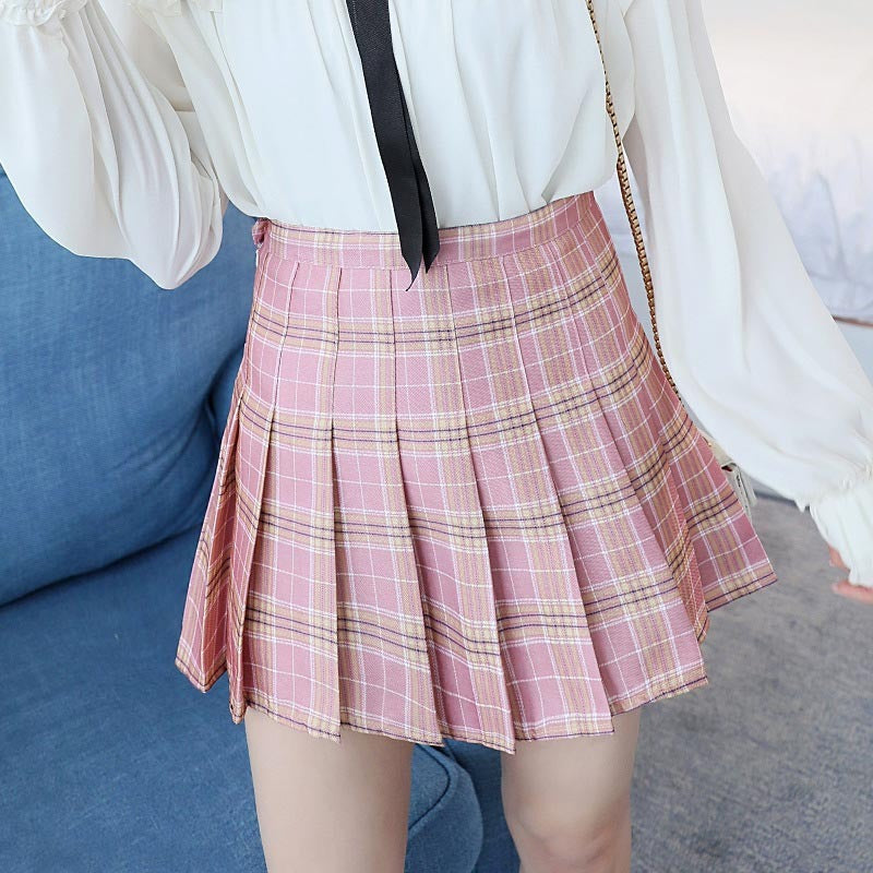 Women High Waist Plaid Pleated Skirt-Legletic