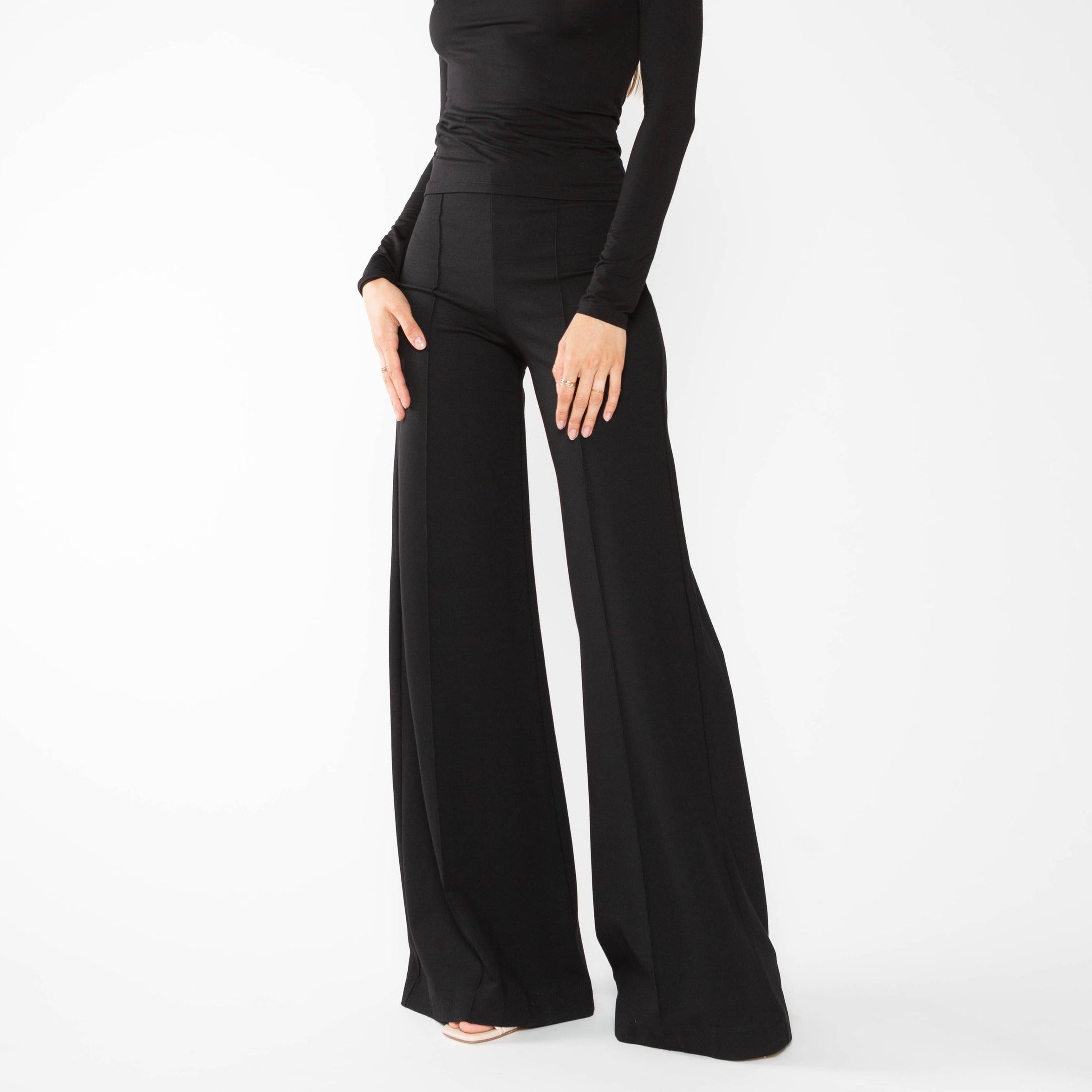 Black Ponte Knit Wide Leg Pant-Legletic