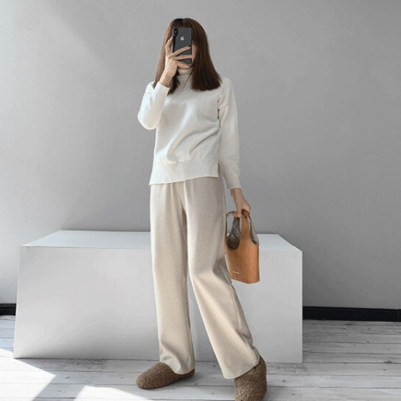Straight Leg High Waist Knitted Wool Casual Pants-Legletic