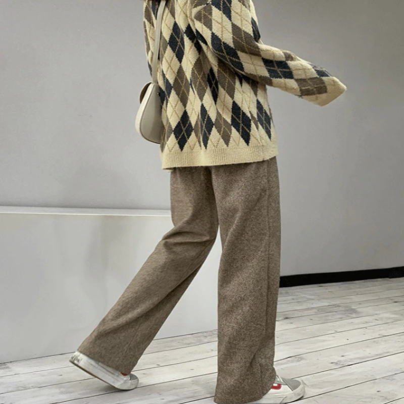 Straight Leg High Waist Knitted Wool Casual Pants-Legletic