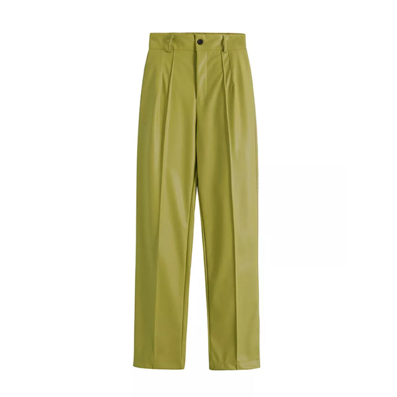 Vintage High Waist Faux Leather Straight Pants-Legletic