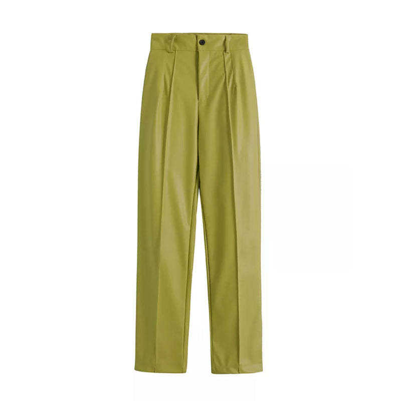 Vintage High Waist Faux Leather Straight Pants-Legletic