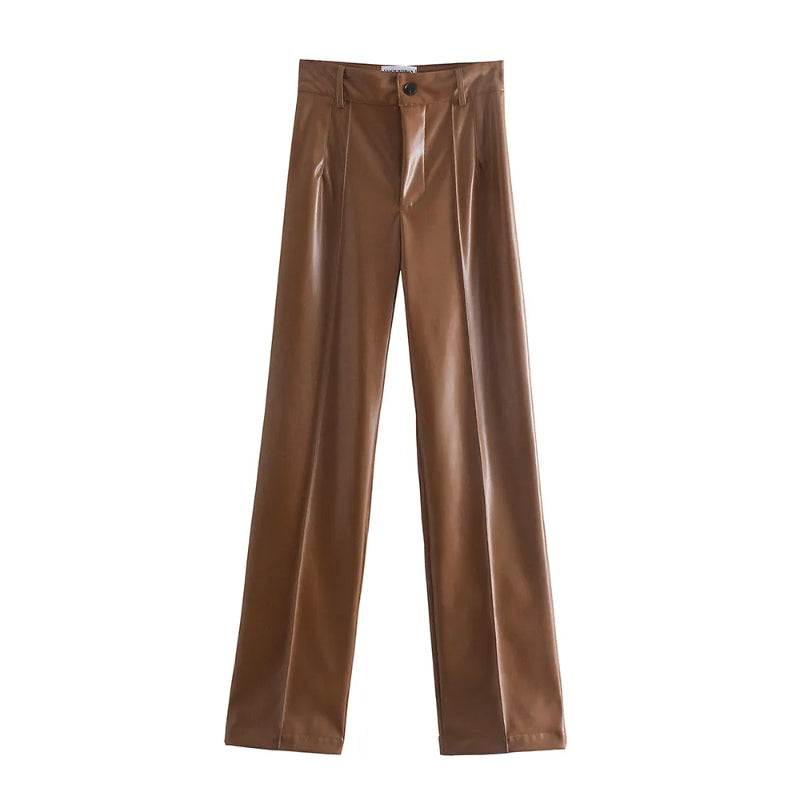 Vintage High Waist Faux Leather Straight Pants-Legletic