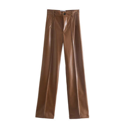 Vintage High Waist Faux Leather Straight Pants-Legletic