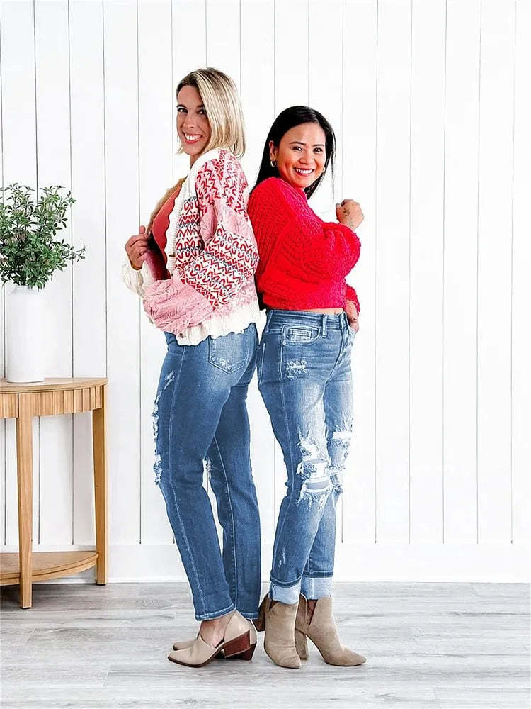 Tummy Slimming Cuffed Jeans With Textured Finish-Legletic