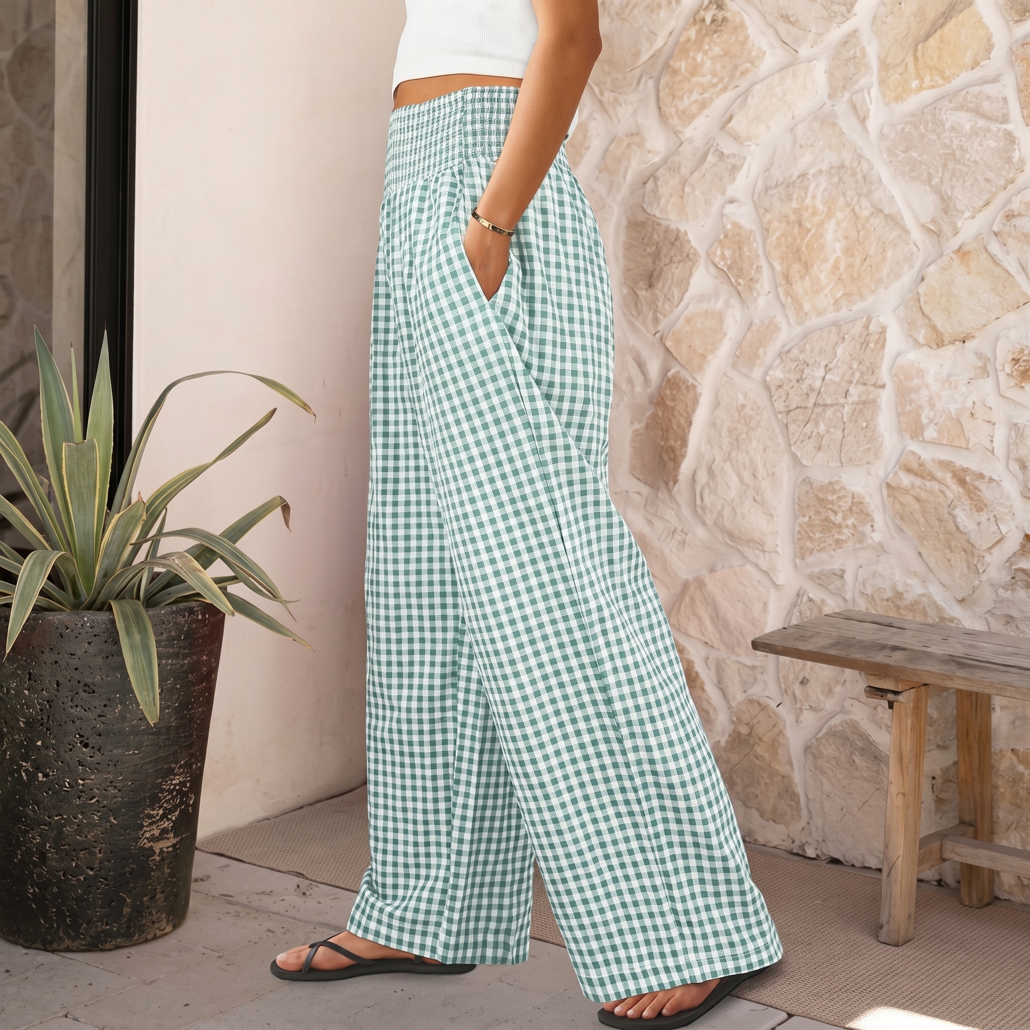 Striped And Gingham Lounge Casual Wide Leg Pants For Women