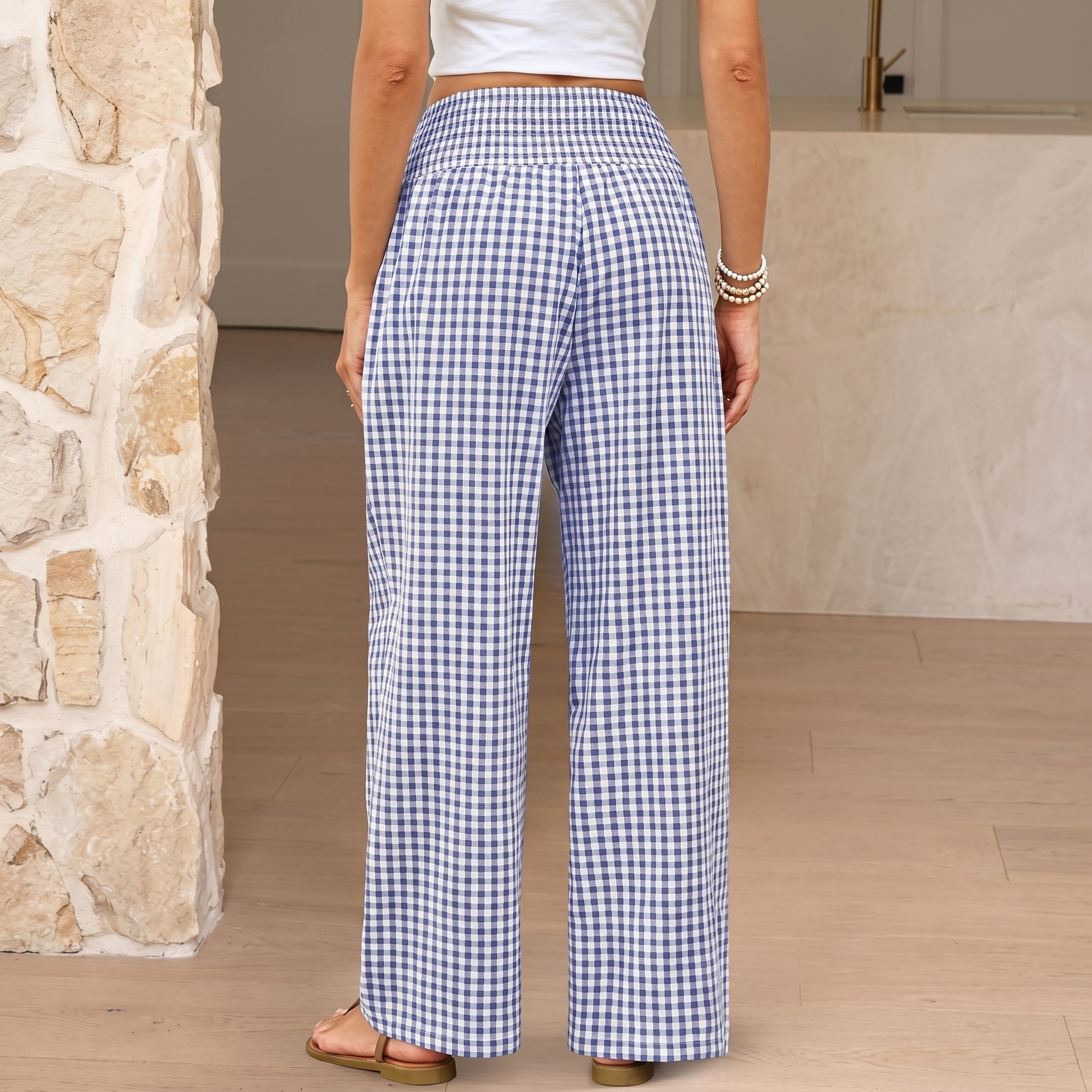 Striped And Gingham Lounge Casual Wide Bottom Pants For Women
