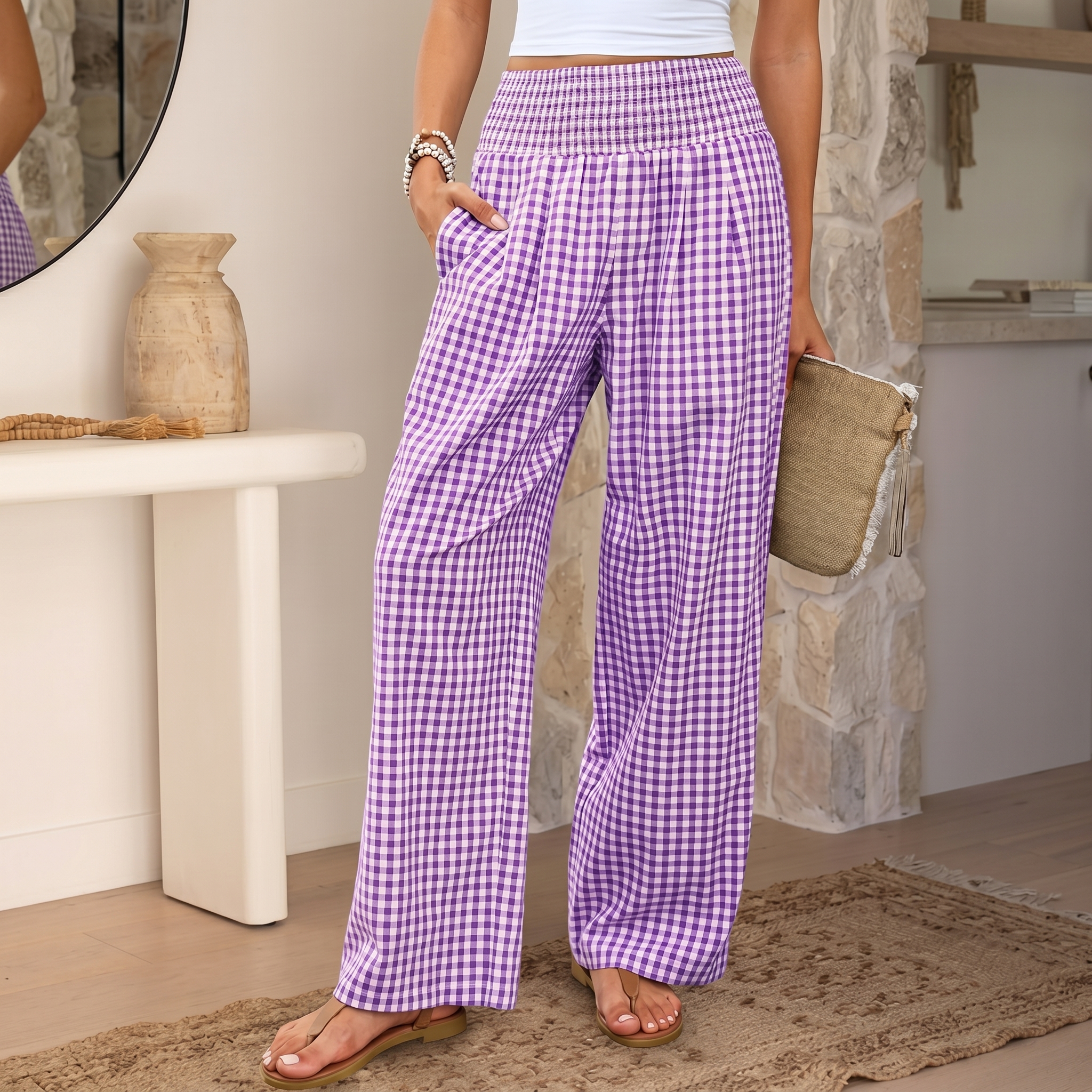 Striped And Gingham Lounge Casual Wide Bottom Pants For Women