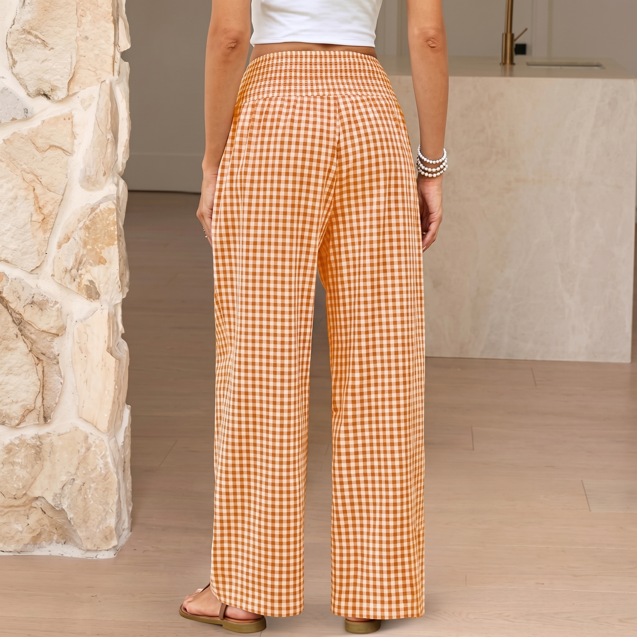 Striped And Gingham Lounge Casual Wide Bottom Pants For Women