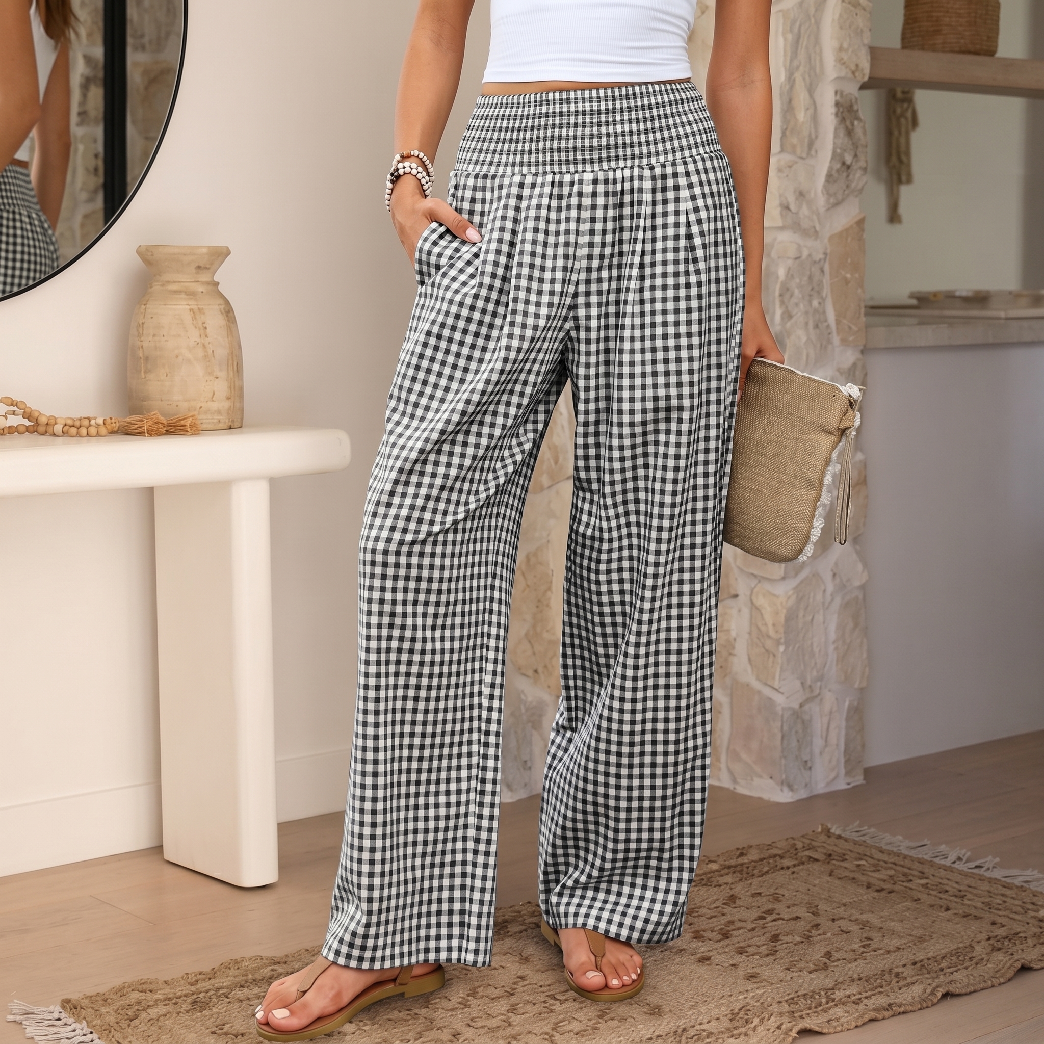 Striped And Gingham Lounge Casual Wide Leg Pants For Women