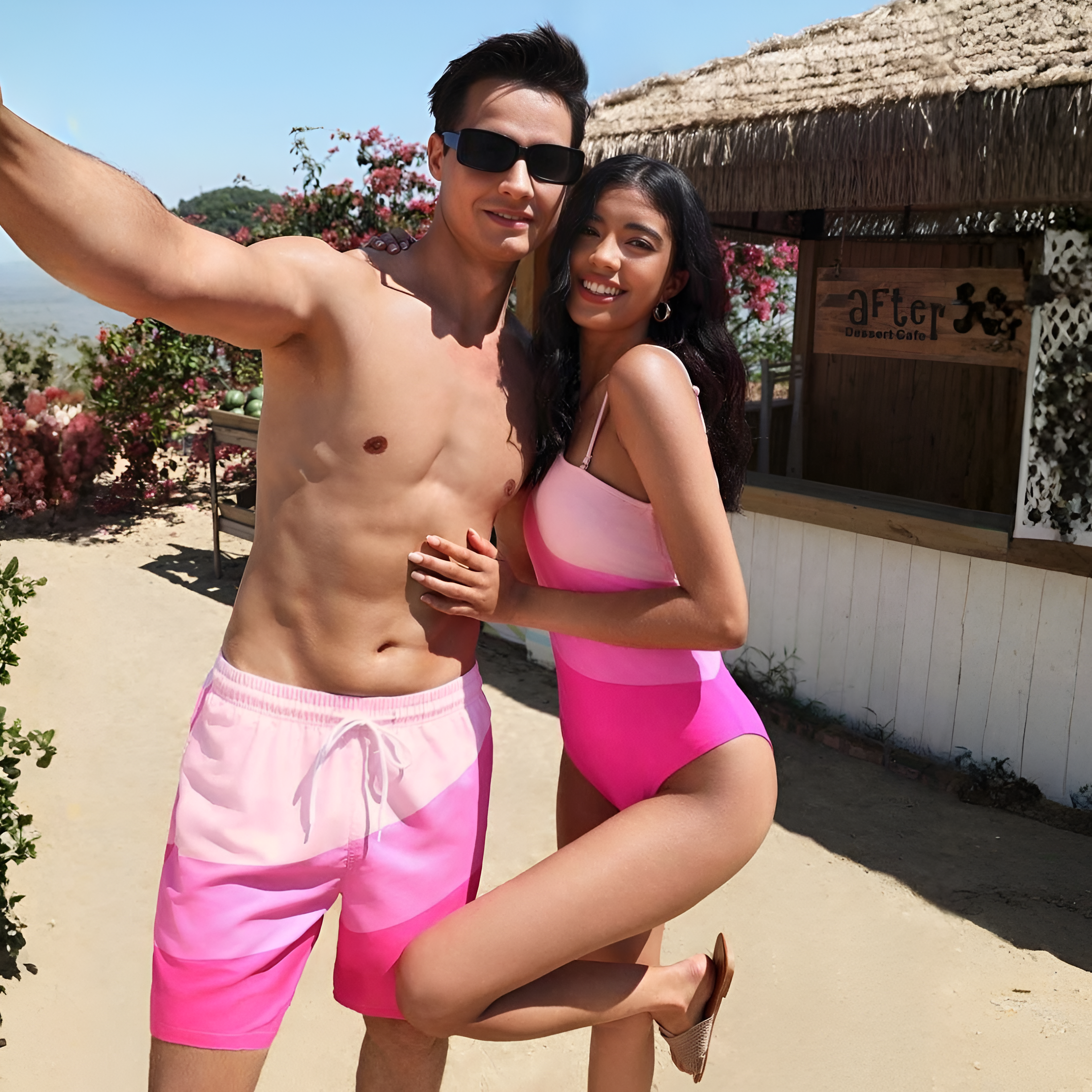 Color Block Men Beach Shorts And Women Swimsuit Matching Swimwear Set  