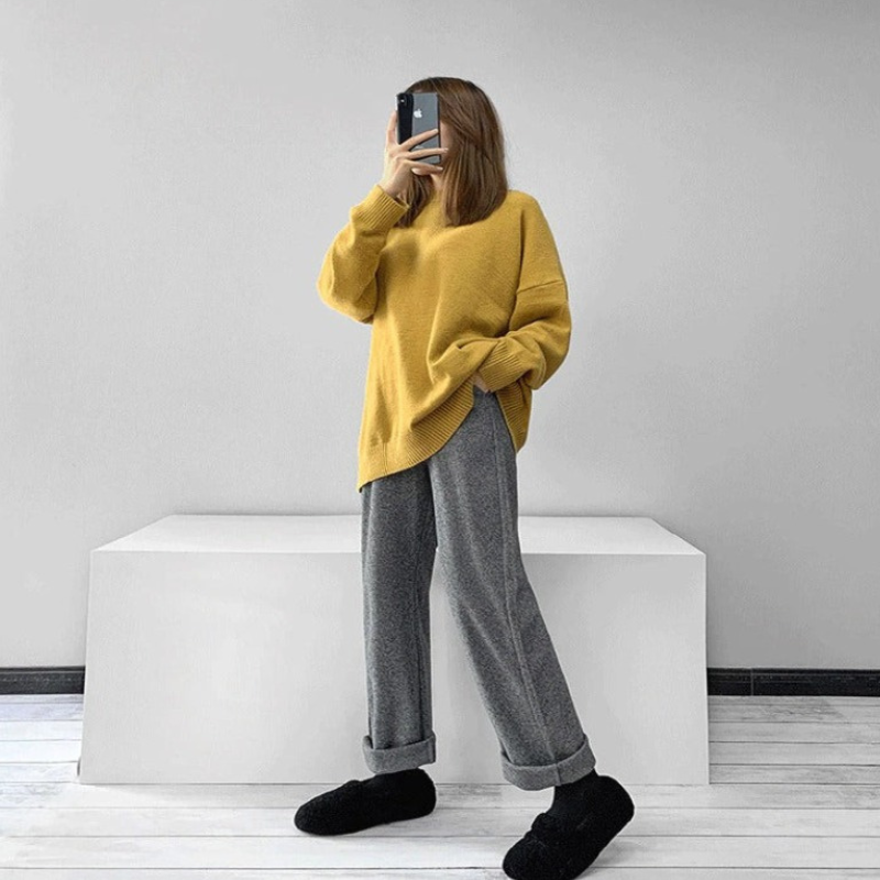 Knitted Straight Leg High Waist Loose Wide Woolen Pants-Legletic