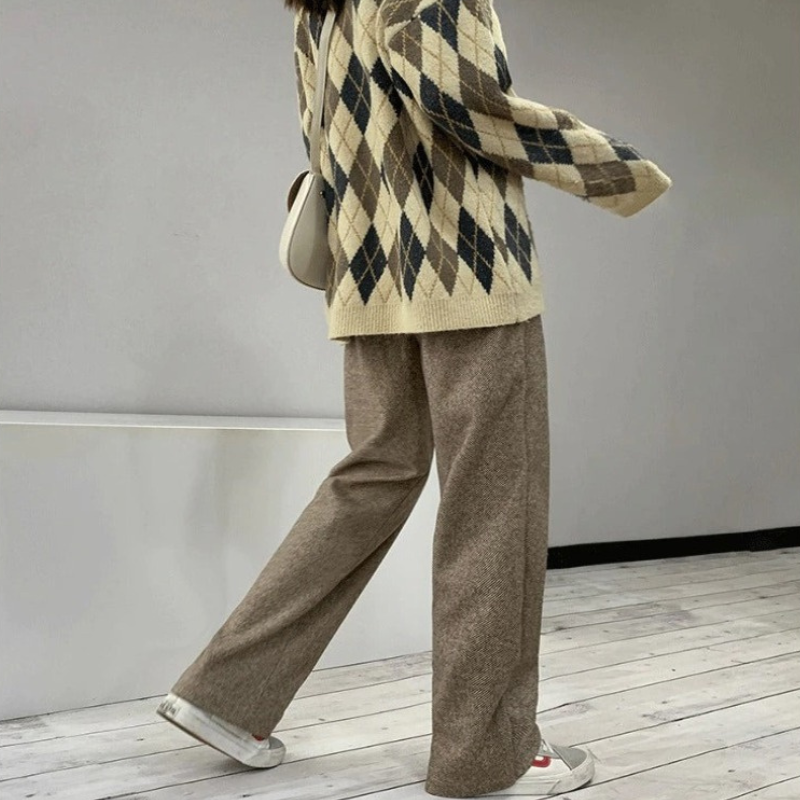 Knitted Straight Leg High Waist Loose Wide Woolen Pants-Legletic