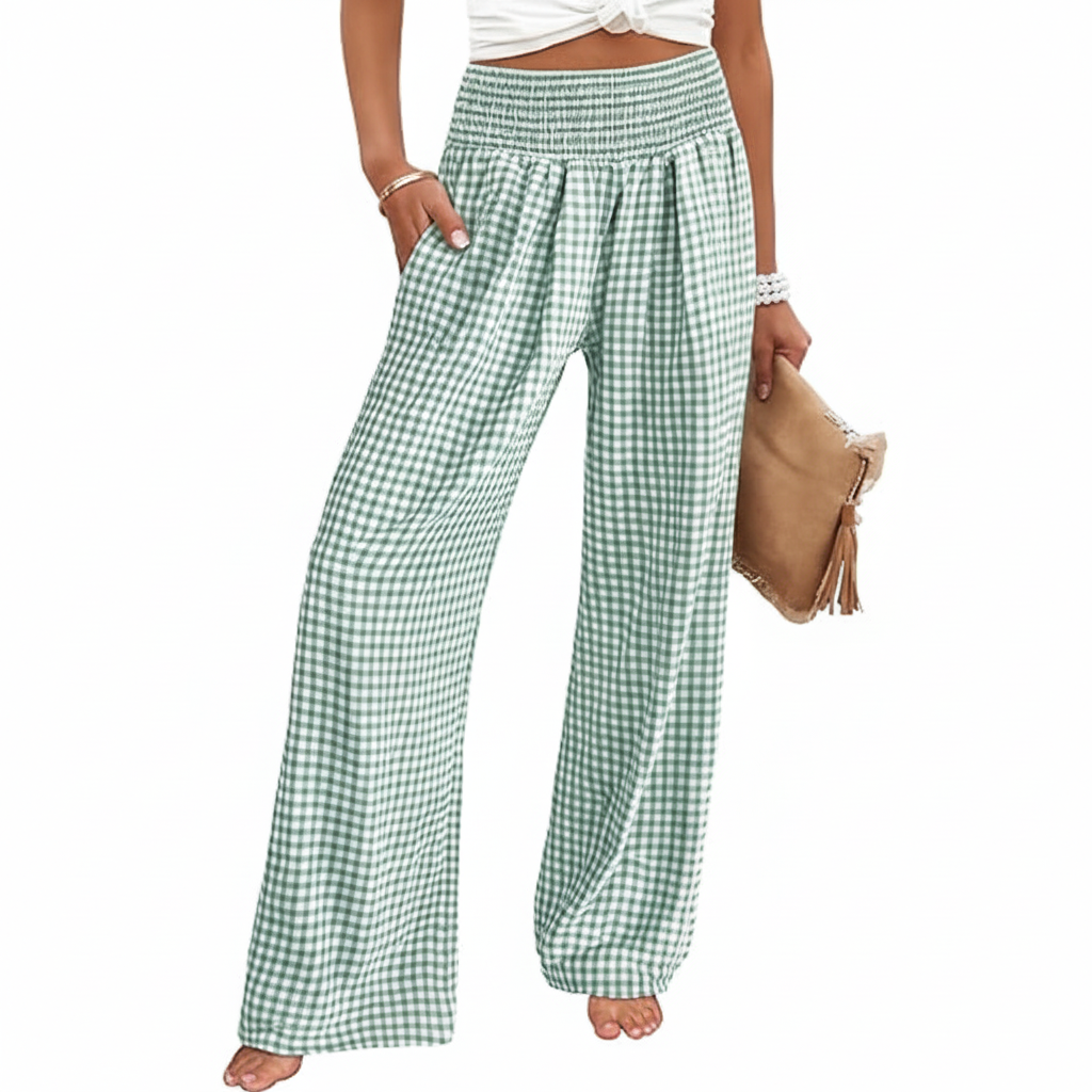 Wide Vertical Gingham Palazzo Pants For Women