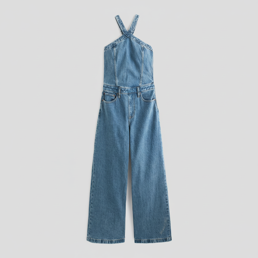 Denim Jumpsuit With Halter Tie Back For Women features a structured silhouette with a halter-style strap and adjustable tie closure at the back. The design includes a fitted bodice and straight full-length cut for a streamlined appearance.