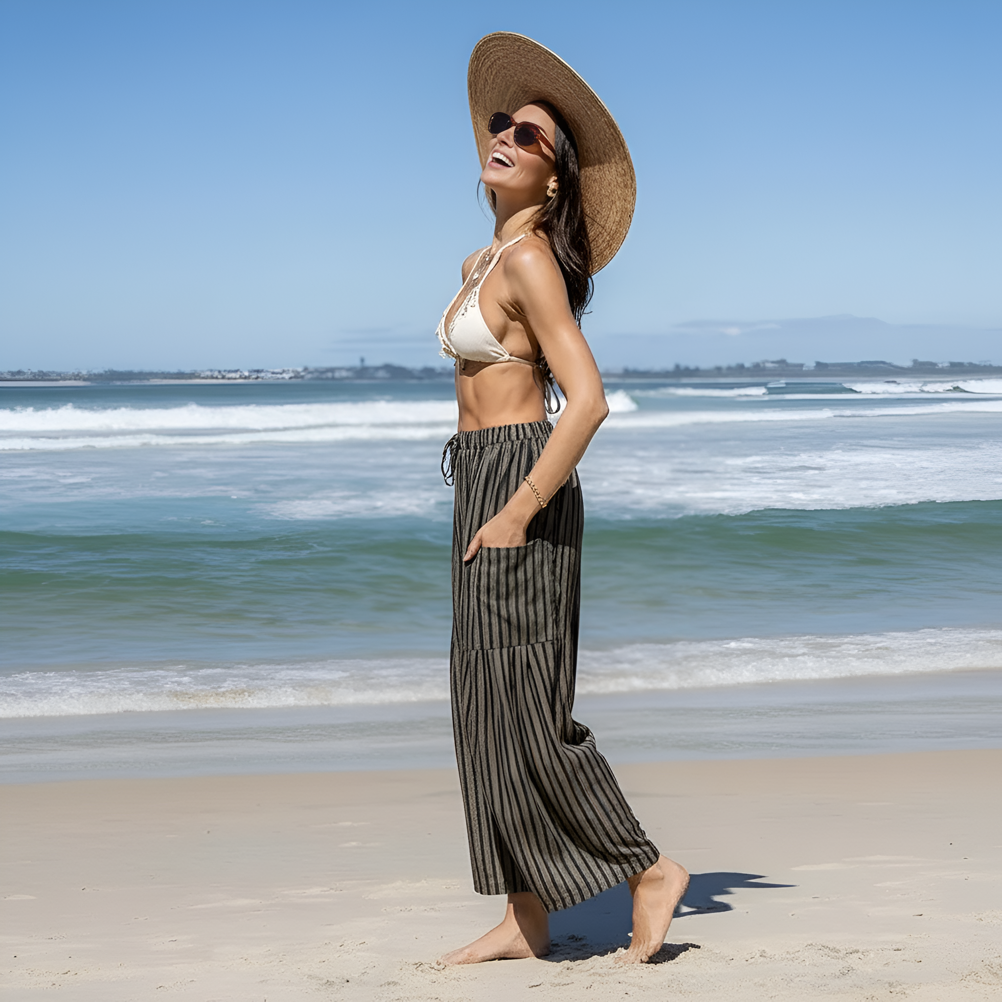 Linen blend Wide Leg Pants Casual Camo Stripe comfy work bottoms Oversize Loose Fit boho Palazzo Harem trousers with Pockets