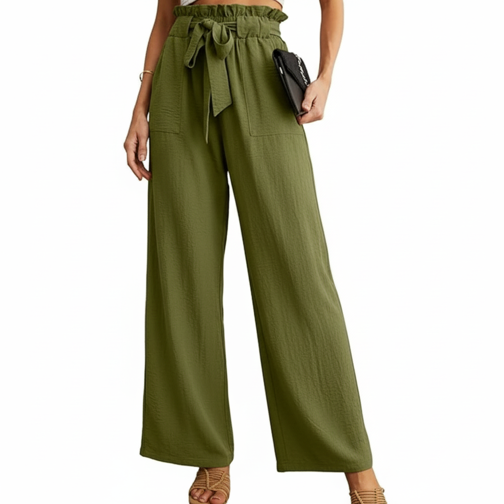 High Rise Adjustable Wide Fit Casual Trousers With Pockets For Women