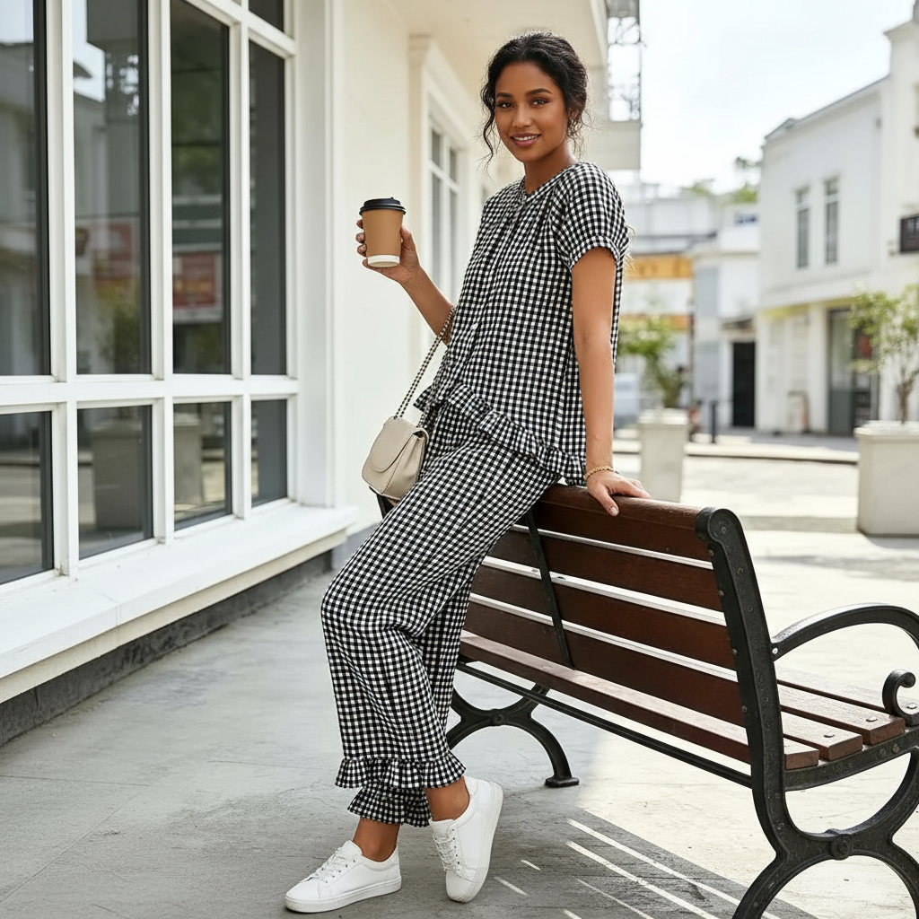 Gingham Pajamas Set 2 Piece for Women Plaid Sets Pjs Vintage Y2K 100% Cotton Clothes Button Down Babydoll Top with Puff Sleeves & Matching Ruffle Pants Cute Loungewear Loungewear Pjs Sleepwear Nightwear Homewear Comfort Outfit