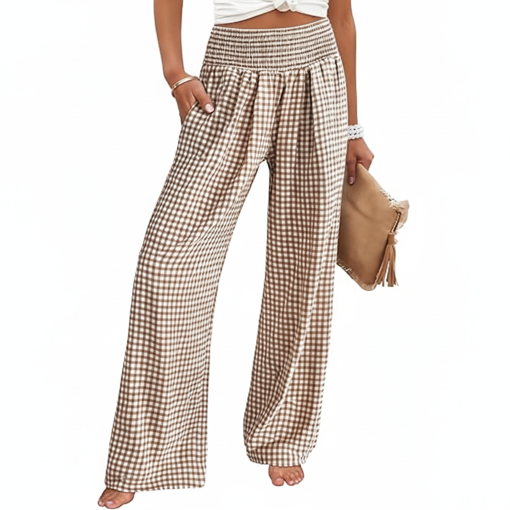 Wide Vertical Gingham Palazzo Pants For Women
