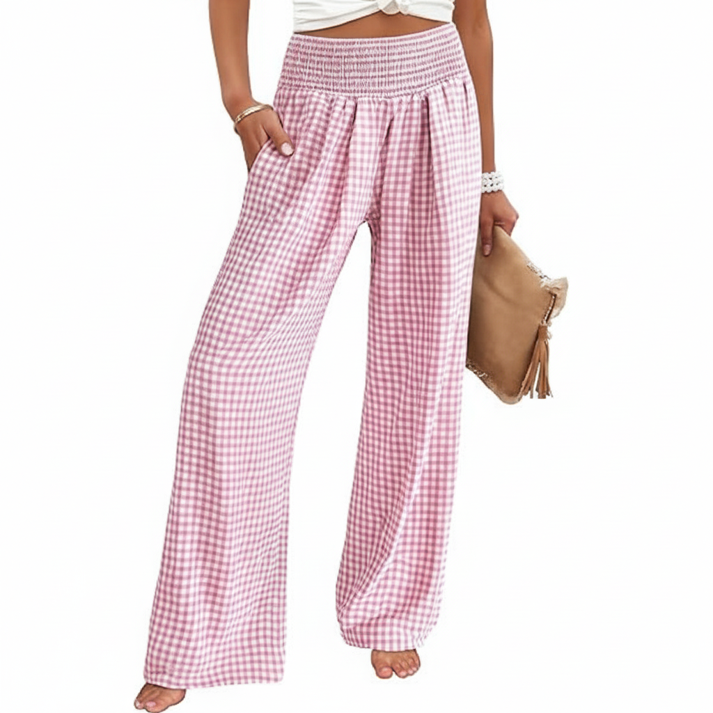 Wide Vertical Gingham Palazzo Pants For Women