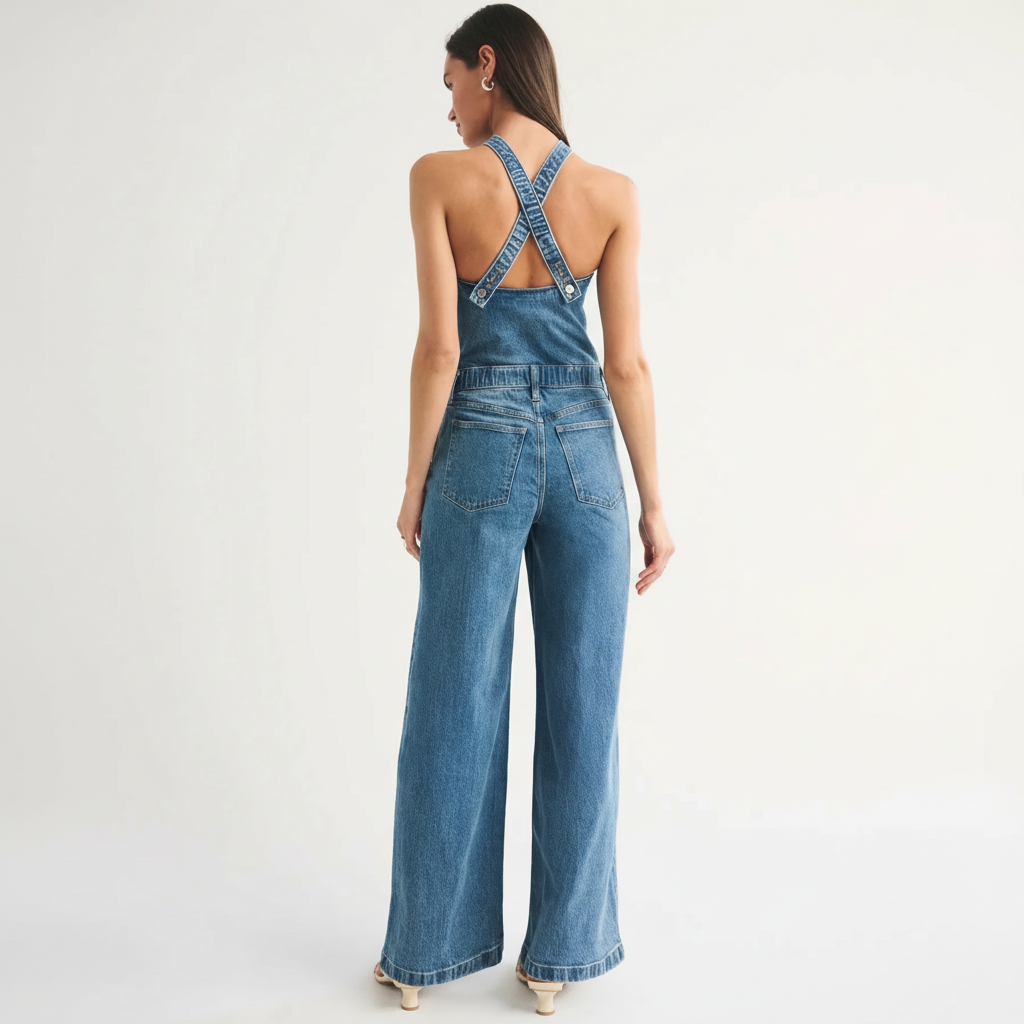 Denim Jumpsuit With Halter Tie Back For Women features a structured silhouette with a halter-style strap and adjustable tie closure at the back. The design includes a fitted bodice and straight full-length cut for a streamlined appearance.
