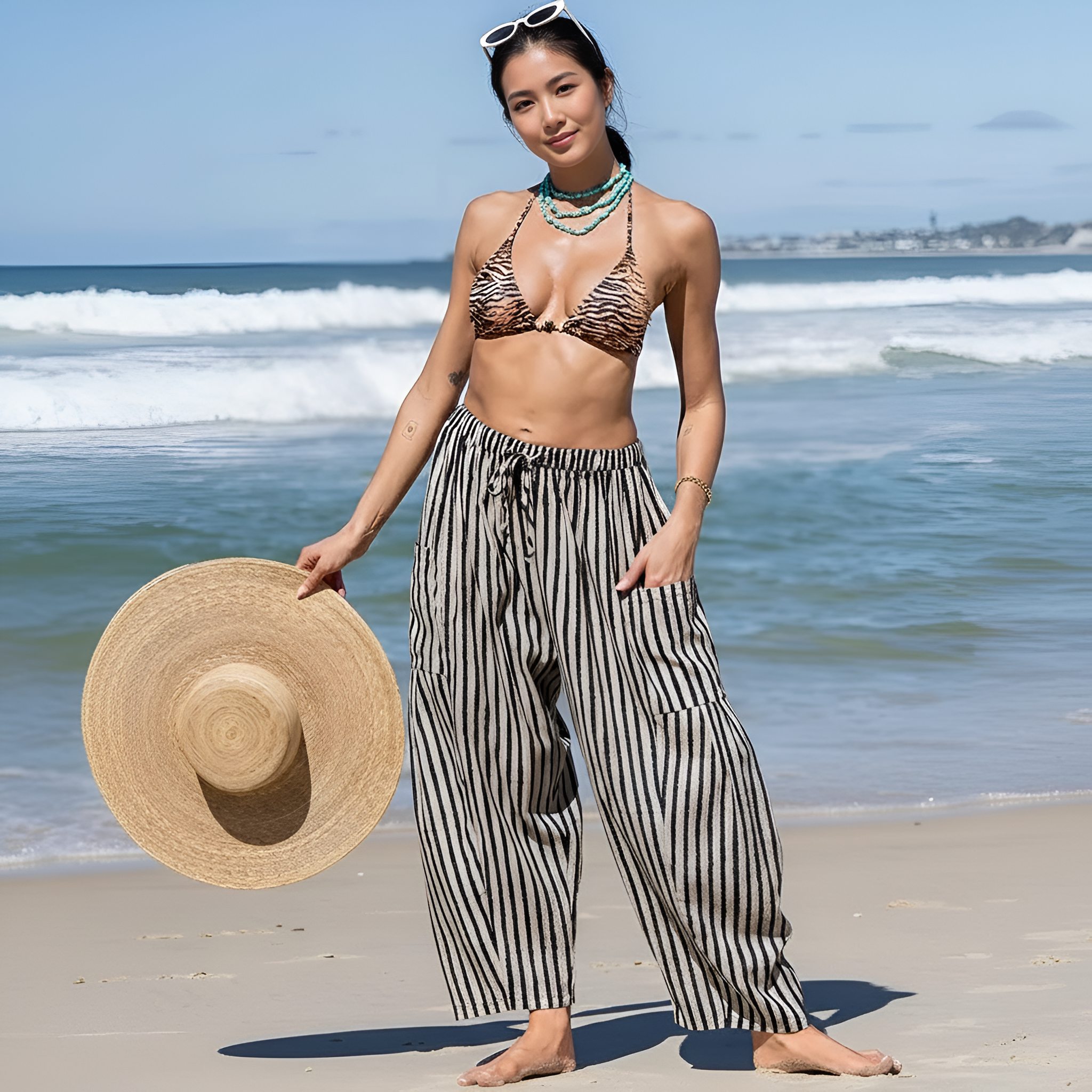 Linen blend Wide Leg Pants Casual Camo Stripe comfy work bottoms Oversize Loose Fit boho Palazzo Harem trousers with Pockets