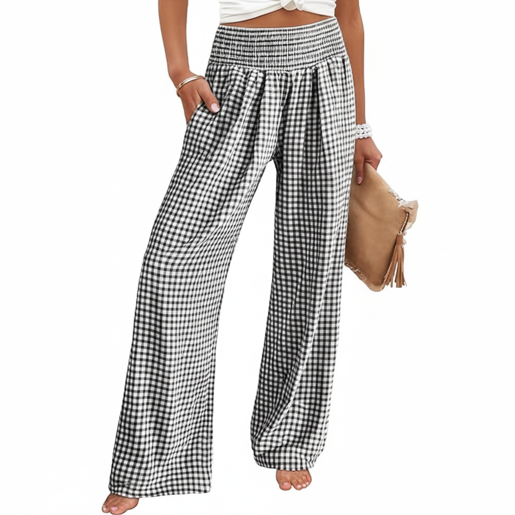 Wide Vertical Gingham Palazzo Pants For Women