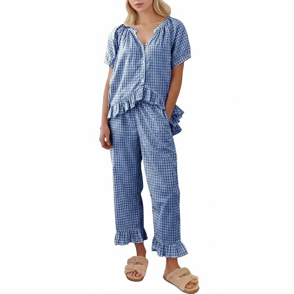 Gingham Pajamas Set 2 Piece for Women Plaid Sets Pjs Vintage Y2K 100% Cotton Clothes Button Down Babydoll Top with Puff Sleeves & Matching Ruffle Pants Cute Loungewear Loungewear Pjs Sleepwear Nightwear Homewear Comfort Outfit