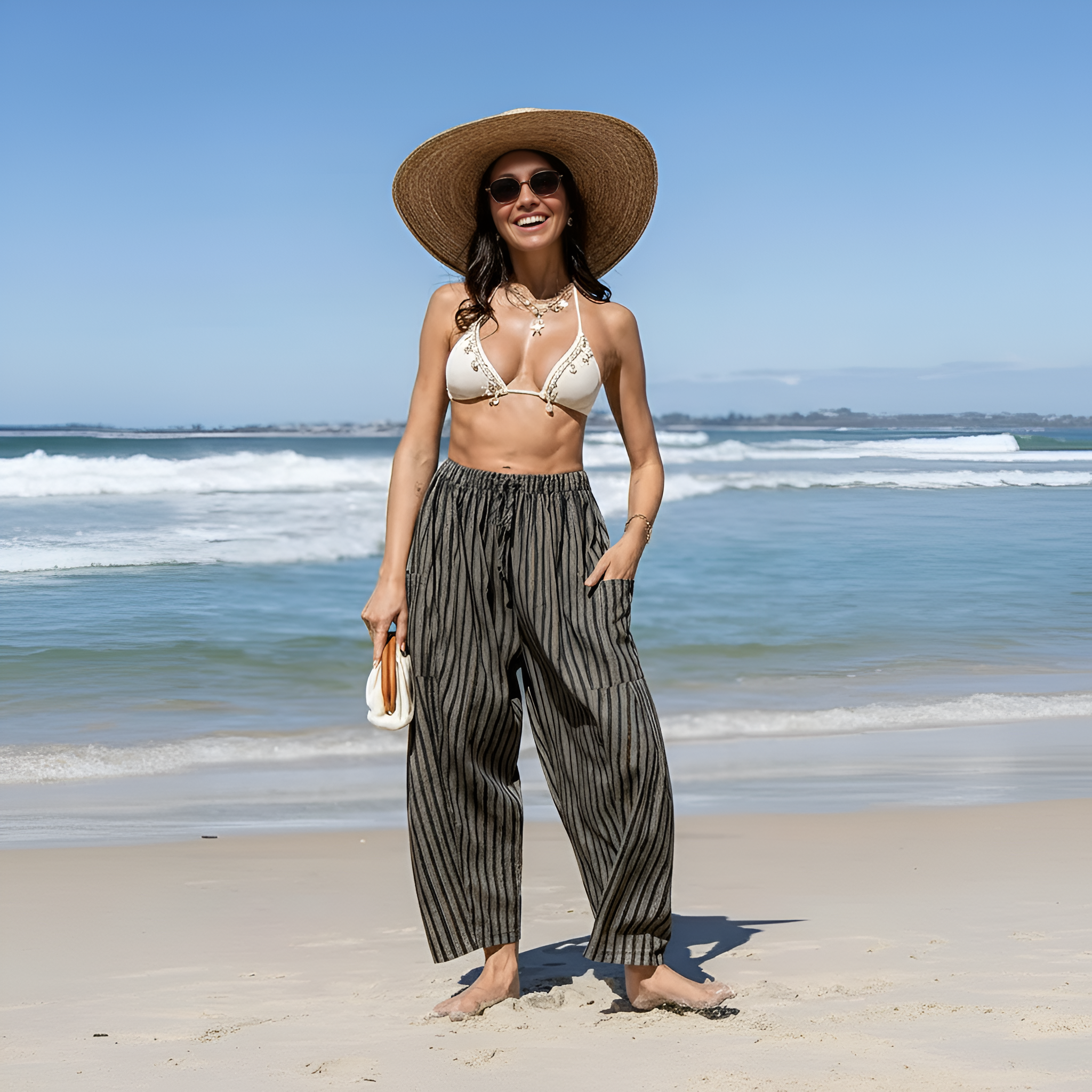 Linen blend Wide Leg Pants Casual Camo Stripe comfy work bottoms Oversize Loose Fit boho Palazzo Harem trousers with Pockets