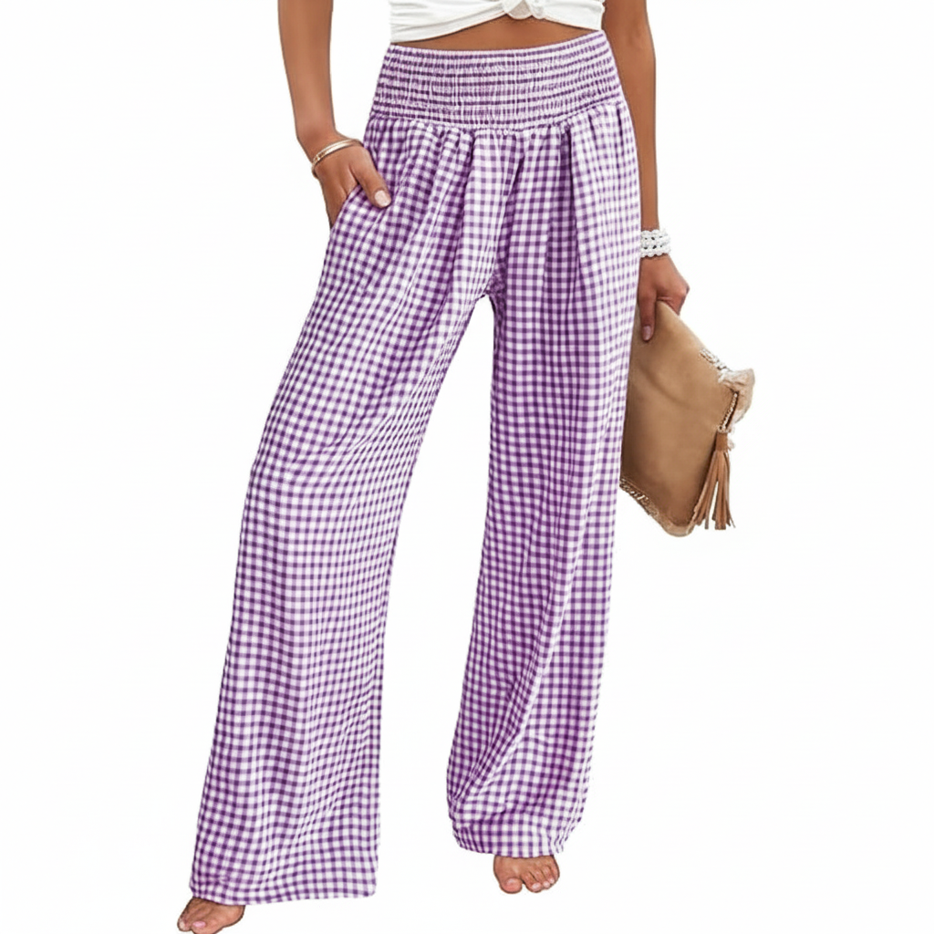 Wide Vertical Gingham Palazzo Pants For Women