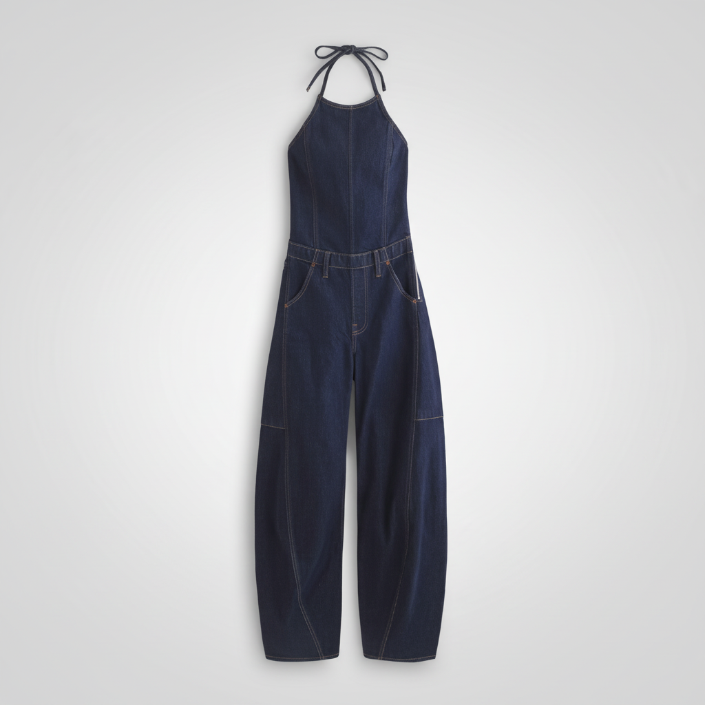 Denim Jumpsuit With Halter Tie Back For Women features a structured silhouette with a halter-style strap and adjustable tie closure at the back. The design includes a fitted bodice and straight full-length cut for a streamlined appearance.