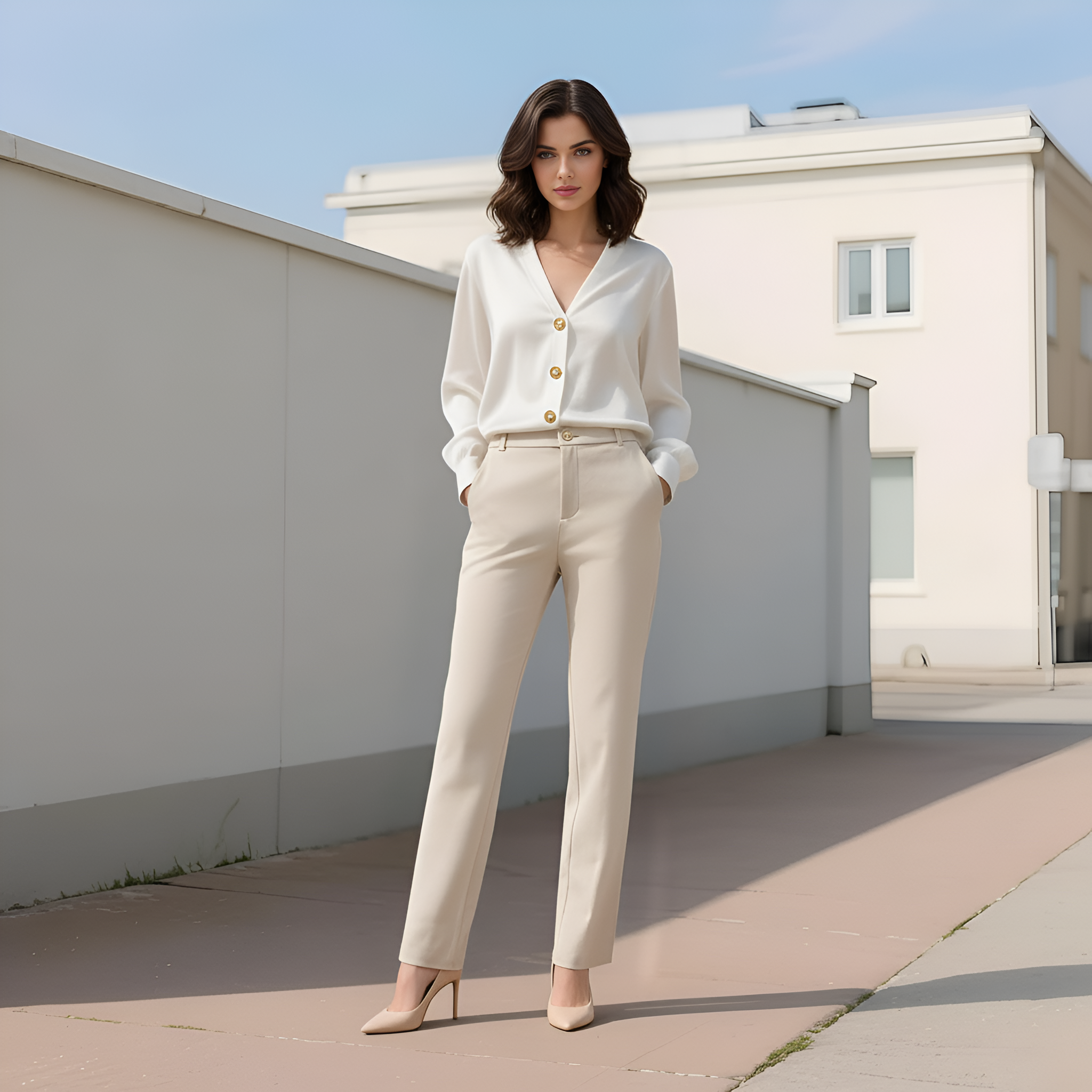 Stretchy Straight Casual Work Pants With Pockets For Women