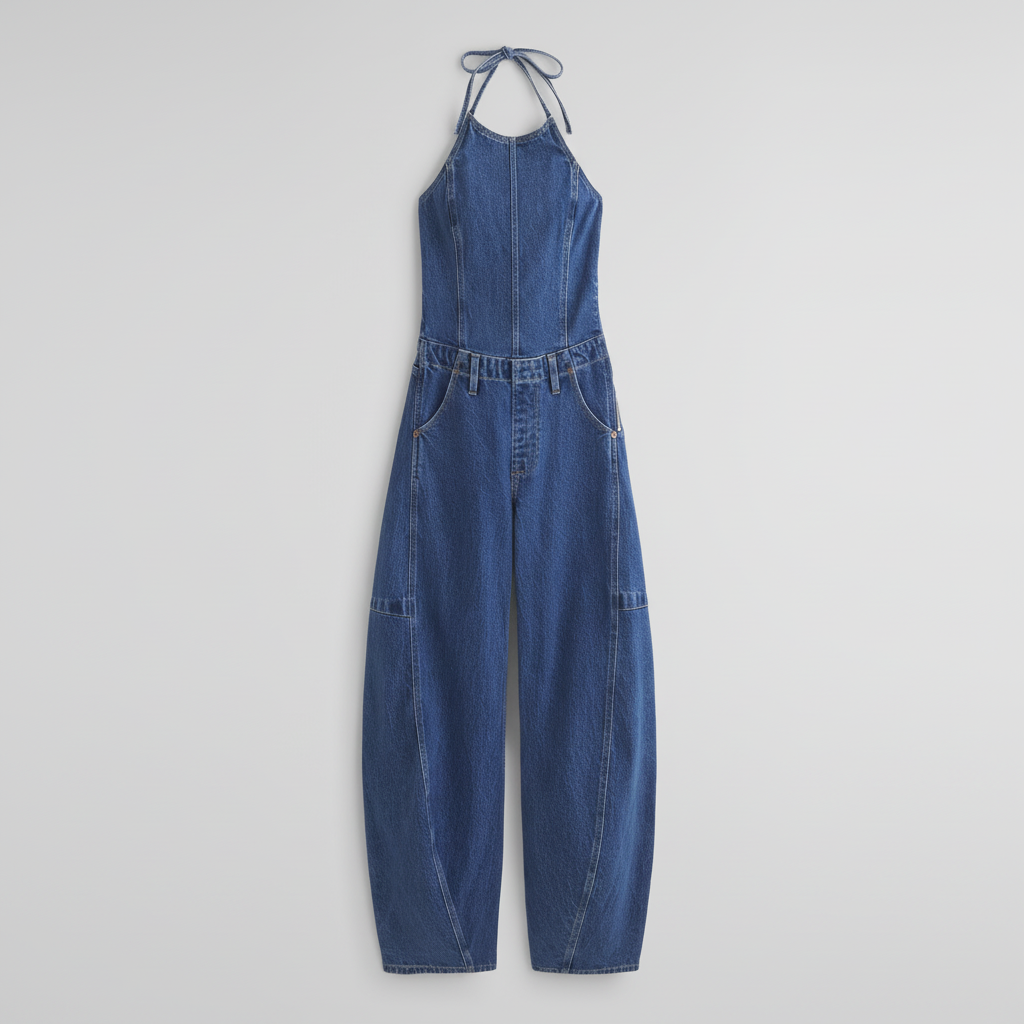 Denim Jumpsuit With Halter Tie Back For Women features a structured silhouette with a halter-style strap and adjustable tie closure at the back. The design includes a fitted bodice and straight full-length cut for a streamlined appearance.
