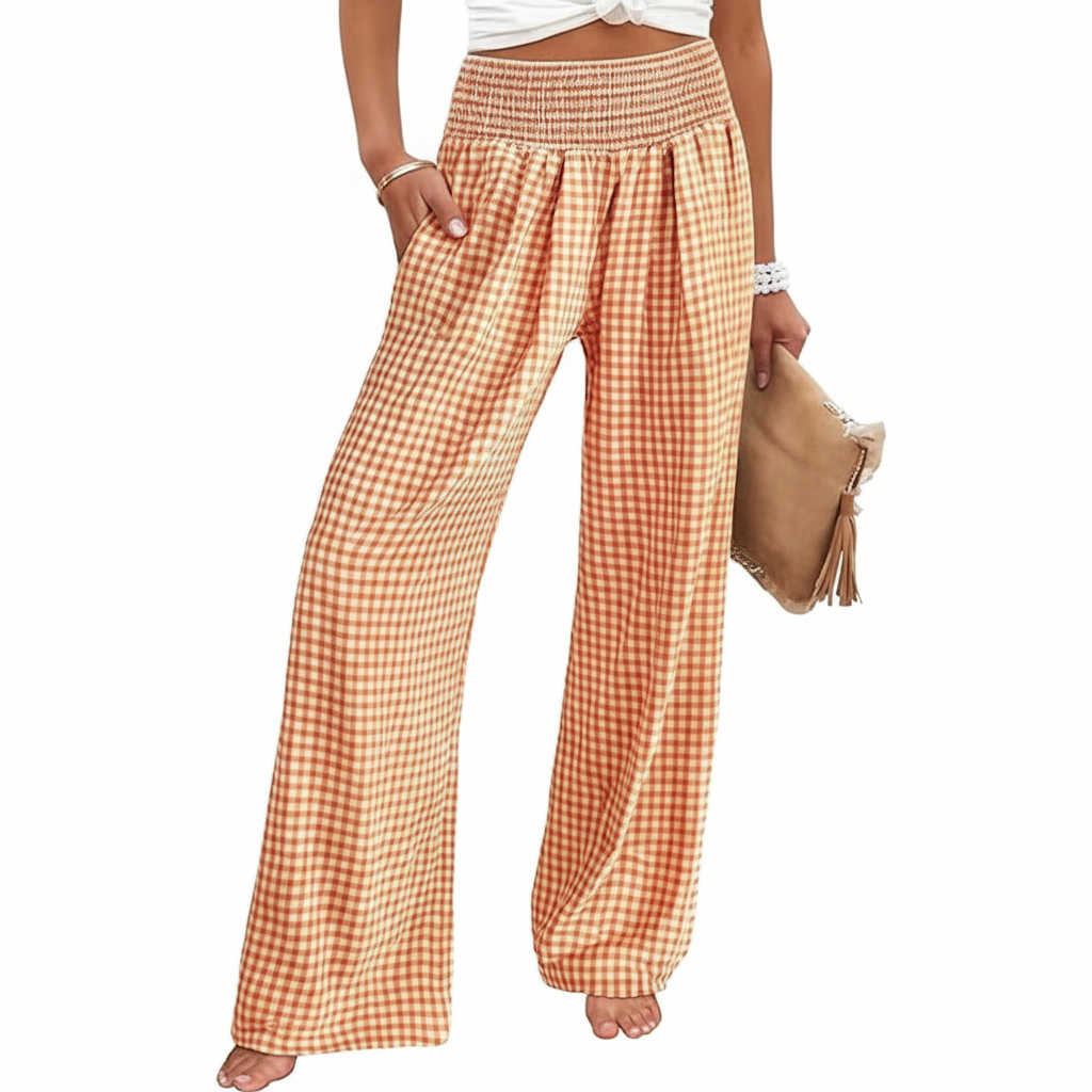 Wide Vertical Gingham Palazzo Pants For Women