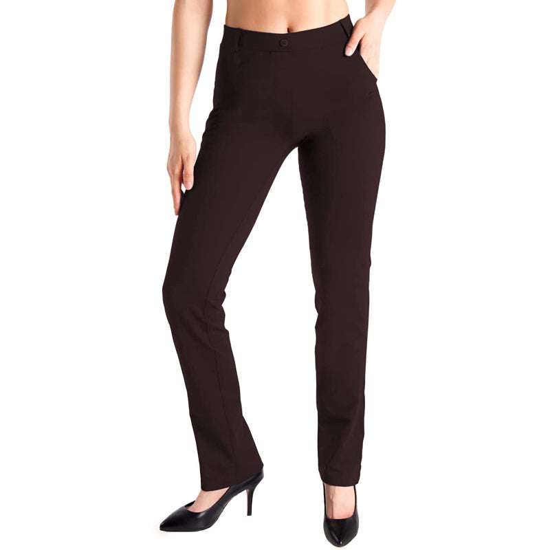Women's Petite/Regular/Tall Straight Leg Yoga Dress Pants With Belt Loops With 2 Front & 2 Rear Pockets-Legletic
