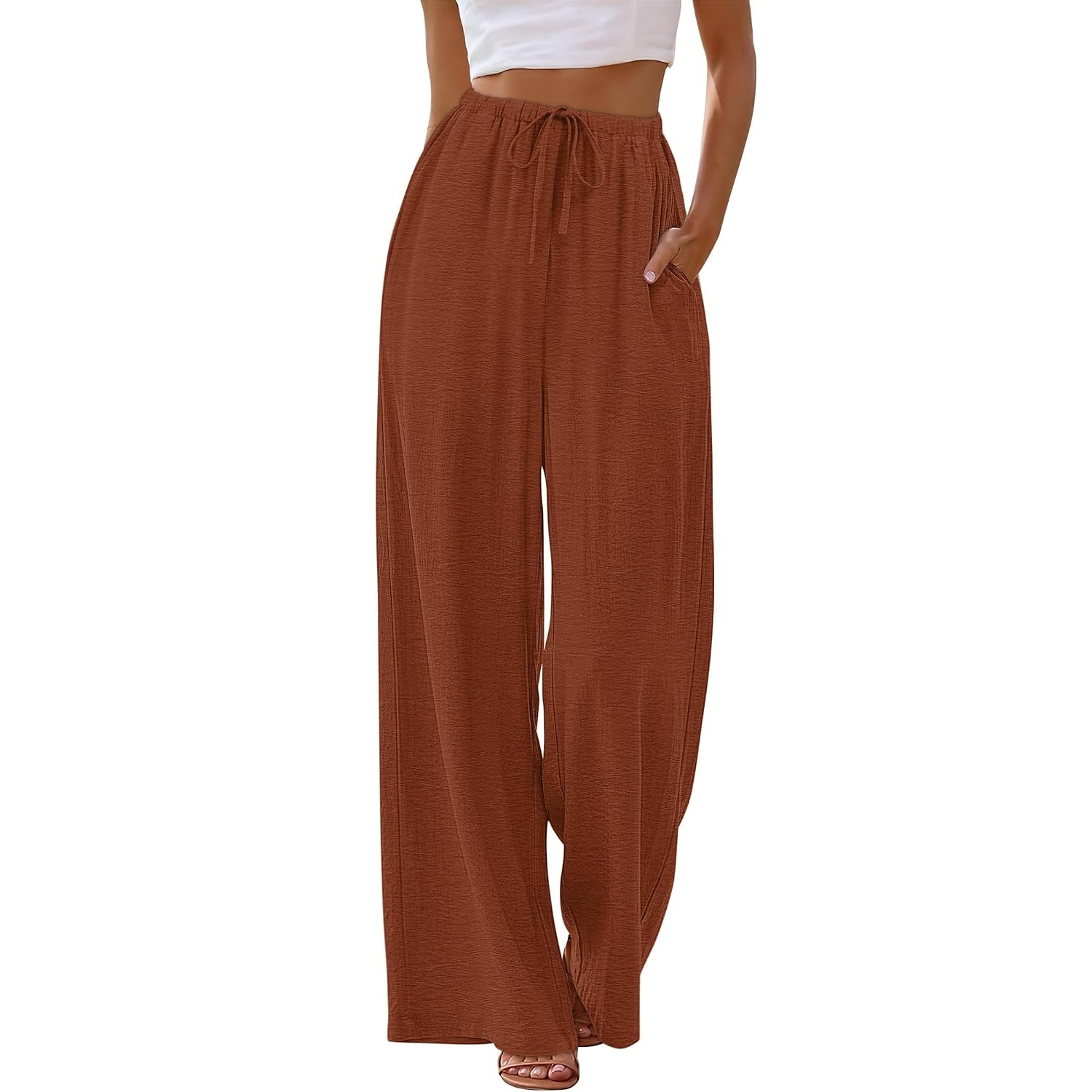Flowy Wide Length Palazzo Pants With Pockets For Women