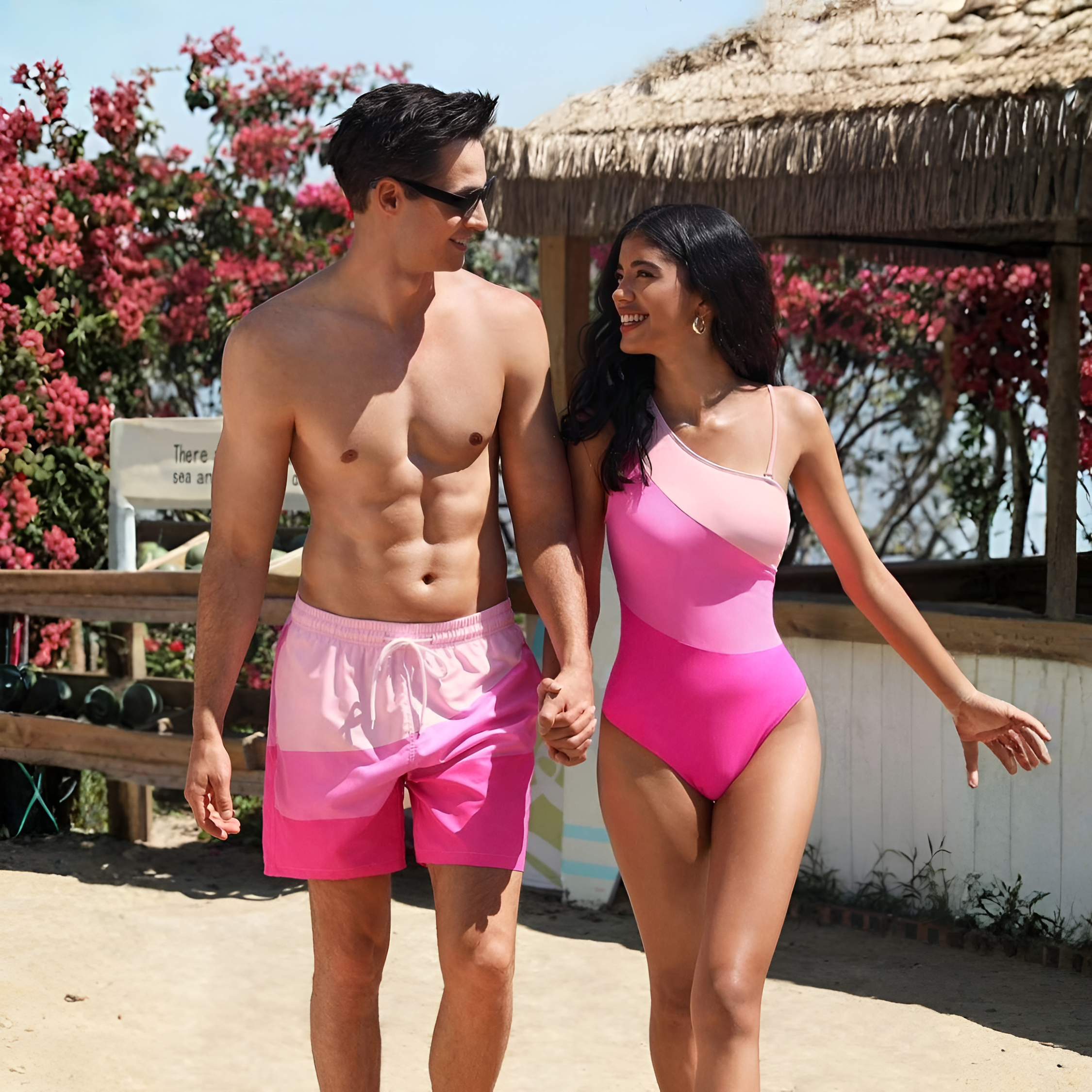 Color Block Men Beach Shorts And Women Swimsuit Matching Swimwear Set  