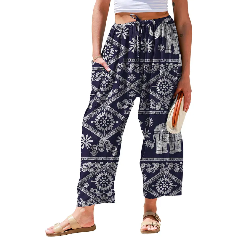 Linen blend Wide Leg Pants Casual Camo Stripe comfy work bottoms Oversize Loose Fit boho Palazzo Harem trousers with Pockets