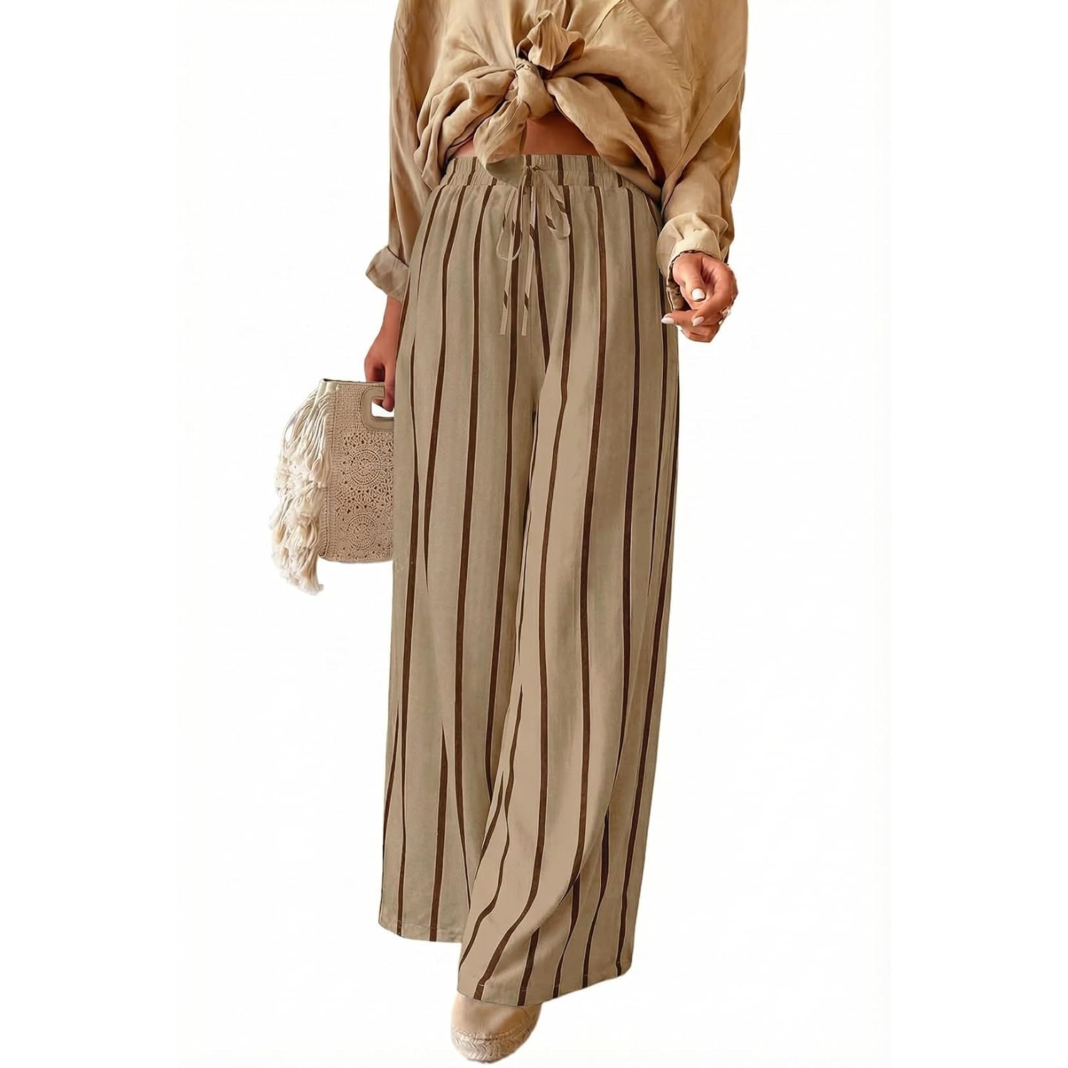 Casual Striped Wide Drawstring Pants With Pockets