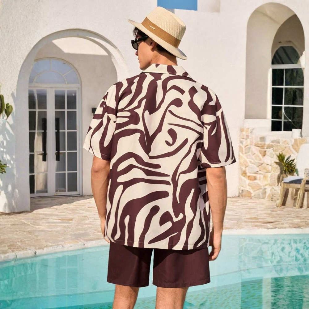 Tropical Plant Print Button-Down Short Sleeve Shirt And Drawstring Waist Pocket Shorts Beach Outfit